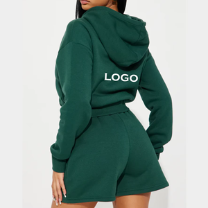 Acheter en gros 2025 ensembles de survêtements femmes mode col rond manches longues couleur unie décontracté haut veste à capuche ensemble short et short - Product Image 3