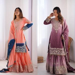 Heavy Designer Coding Dori con Secuencia con remache Moti Work Chinon Silk Top y Palazzo con Dupatta Full Stitch Listo para usar - Product Image 1