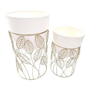 Designer <b>White</b> Metal <b>Pot</b> With Leaf Pattern Base For Indoor <b>Plant</b> Arrangement Contemporary Home Styling And Decorative Accent - Product Image 5