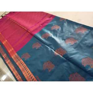 Blue <b>Silk</b> Saree with Intricate Tree Motifs and Pink Border Long Style - Product Image 4