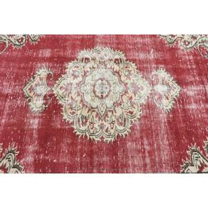 Tapis turc vintage 4,4x8,4 pieds, rouge beige, en laine, fait main, écologique, patchwork traditionnel, design abstrait, 10 mm, en latex, pour entrée - Product Image 5