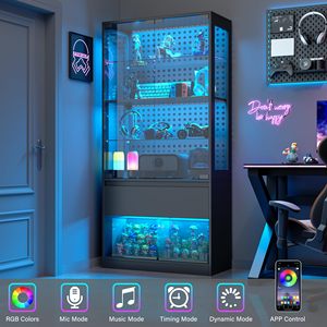 <span class=keywords><strong>Vitrine</strong></span> moderne en verre avec éclairage LED et tiroir, présentoir unique à panneau perforé pour chambre et dressing - Product Image 4
