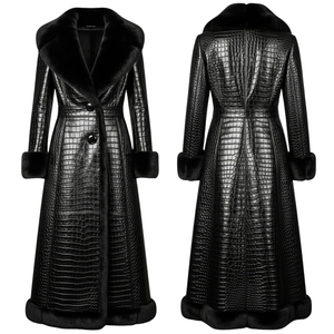 Manteau long en cuir à motif crocodile noir pour femmes avec col en fourrure Vêtements d'extérieur à la mode d'hiver OEM et logo personnalisé par Maximize Wear - Product Image 3