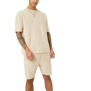 Men's <b>Cream</b> Crew Neck <b>T</b>-<b>Shirt</b> With Drawstring Shorts Solid Color Cotton Casual Summer Set - Product Image 3
