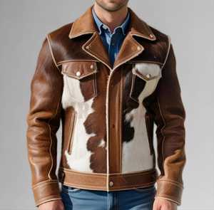 Quality <b>Western</b> Style Brown and White Hair-On Hide Biker Coat Cowhide Natural Hair <b>Jacket</b> Men's Real Hair - Product Image 1