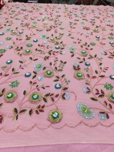 Women's Breathable Pink <b>Yellow</b> Beaded Net Fabric Embroidered Tricot Material for Evening Parties Weddings and Partywear Dresses - Product Image 3