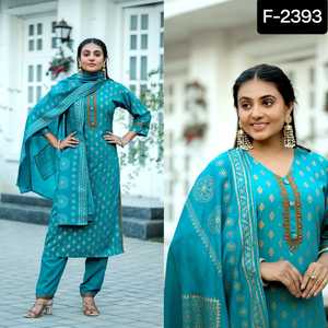 Ensemble fantaisie rayonne Kurtis avec belle broderie et impression en feuille pour femme comprenant des vêtements indiens et pakistanais Dupatta - Product Image 6
