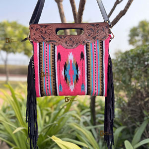 New Arrival Stylish Lightweight Women's <b>Hand</b> Tooled Fringe Jacquard Sling Bag Red Aztec Fabric Zipper Closure Letter Bohemian - Product Image 1