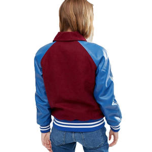 Women's New Street Style Varsity Jacket Solid Pattern Stand Collar Breathable Woolen <b>Fabric</b> with Cow Skin Leather Sleeves - Product Image 2