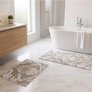 Juego de Alfombras de Baño Tejidas en Jacquard con Hilo de Algodón Reciclado Teñido, Color Beige Ecru, Marca Chemay, Hecho en Turquía - Product Image 3