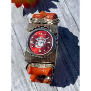 Vintage Southwest Style Natural <b>Red</b> Coral & Sterling Silver Cuff Watch <b>Bracelet</b> Fashionable Cuff <b>Bracelets</b> - Product Image 4