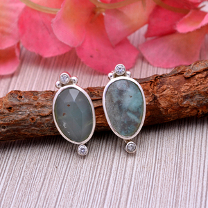 Natural Aquaprase 13X11mm Gemstone Cz <b>Set</b> <b>Silver</b> Bezel <b>Stud</b> <b>Earrings</b> 5 Gms Handmade Wedding Jewellery Bridesmaid <b>Earrings</b> Gift - Product Image 5