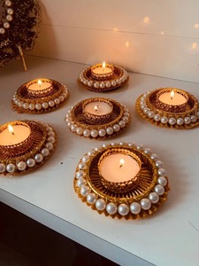 Assorted Luxury Pearl Round Embellished Diya Tealight Holder Set Pooja Return Gift Candle Housewarming Return <b>favor</b> Wedding - Product Image 2