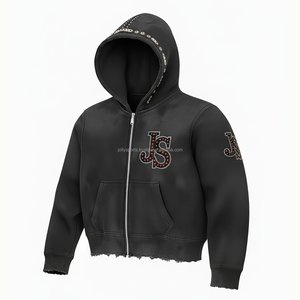 Sudadera con capucha de invierno gruesa Unisex, forro polar pesado 450 GSM, cremallera completa, logotipo de letra JS, estilo bordado de diamantes de imitación, sudaderas básicas - Product Image 4