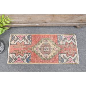 Classic Bohemian <b>Red</b> Beige <b>Wool</b> Rug 1.2x2.7ft Turkish Style Handmade Patchwork Design Latex for Bedside Rectangle Hallway - Product Image 1