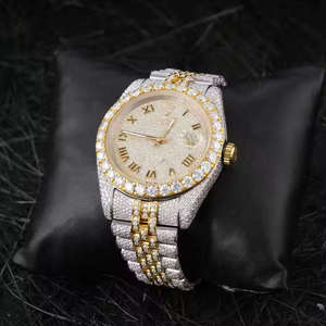 Luxury Two Tone VVS Quality Diamond Moissanite Analog <b>Mechanical</b> <b>Watch</b> Roman Numerals Glass Dial Window Leather Band Unisex - Product Image 4