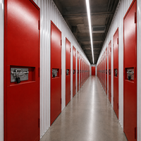 Casillero de Almacenamiento con Puerta Abatible Roja con Cerradura, Diseño de Pasillo de Doble Cara, Unidad de Almacenamiento Comercial para Interiores
