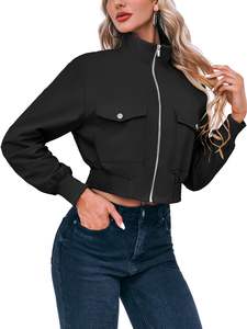 Designer Baseball Jacket with Stand Collar Zipper <b>Black</b> and White Winter <b>Coat</b> Featuring Short Length - Product Image 5