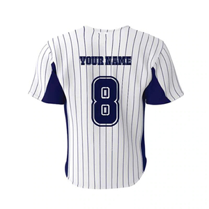 Maillot de baseball personnalisé blanc et bleu marine à rayures, imprimé par sublimation, respirant, manches courtes, unisexe, adulte, coupe classique, boutons sur le devant - Product Image 3