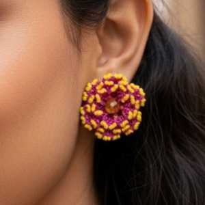 Bohemian Style Marigold Jamun <b>Beaded</b> Stud Earrings Trendy Turquoise Flower Huggie Earrings Alloy <b>Plastic</b> for Religious Parties - Product Image 4