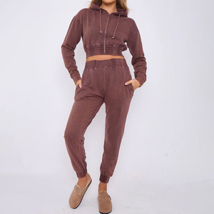 Premium Acid Wash Joggers Set for Women Custom Street Wear Patch Embroidery <b>Cropped</b> <b>Zip</b>-<b>up</b> Hoodie Tracksuits Winter Collection - Product Image 3