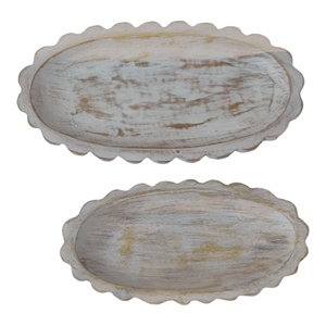 Plateaux de service en détresse de forme ovale texturée Ensemble de 2 bois de manguier lavé à la main décor de Table de cuisine à la maison de Noël - Product Image 1