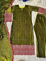 Salwar Kameez en velours vert brodé lourd pour femme, style indien et pakistanais, idéal pour les événements festifs et les soirées d'hiver