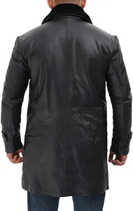 Manteau long en cuir véritable pour homme avec col en fourrure, simple boutonnage, épais, pour l'hiver - Product Image 4