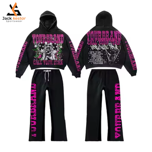 ชุดวอร์มผู้หญิงไซส์ใหญ่แบบขายส่ง OEM รับทำโลโก้ ผ้าฝ้ายระบายอากาศ ชุดออกกำลังกายแบบโอเวอร์ไซส์ เสื้อฮู้ดสีพลัมแต่งขอบ ชุดสองชิ้น - Product Image 2