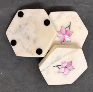 Round black marble <b>coasters</b> with floral inlay handmade natural stone <b>drink</b> <b>coasters</b> with holder decorative marble <b>coaster</b> set - Product Image 3