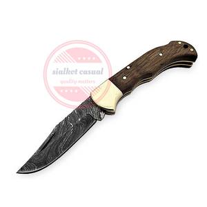 Couteau pliant avec manche en bois Couteau de poche à lame en acier damassé - Product Image 5