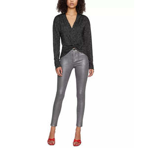 Top da donna Sanctuary con scollo a V profondo, nero, con nodo decorativo, colletto arricciato, in maglia satinata lunga, taglia XL, per l'ufficio, per l'autunno - Product Image 1