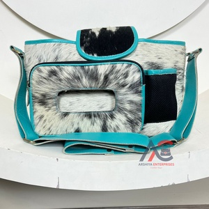 Custom Cowhide Leather Multifunction Stroller <b>Bag</b> for Moms Hair-on Hide <b>Nappy</b> Organizer with Multiple Pockets & Adjustable Strap - Product Image 1