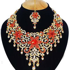 Vintage Style <b>Gold</b> Plated Crystal Zircon Alloy Jewelry Set <b>Necklace</b> Earrings Headpiece Women Wedding Anniversary Party Red Gift - Product Image 2