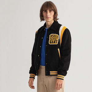 แจ็คเก็ตวาร์ซิตี้ฤดูหนาวคุณภาพสูงแบบสั่งทำพิเศษ คอตั้ง ระบายอากาศได้ดี ตัวเสื้อทำจากผ้าขนสัตว์ แขนเสื้อทำจากหนัง ปักลายเชนิล สไตล์ไฮสตรีท - Product Image 1