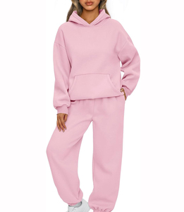 Ensemble de survêtement rose à capuche pour femme, manches longues, couleur unie, coupe décontractée, sweat-shirt et pantalon avec poches latérales - Product Image 2