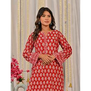 Ensemble Kurta et pantalon en coton rouge avec imprimé bloc pour un usage quotidien - Product Image 1