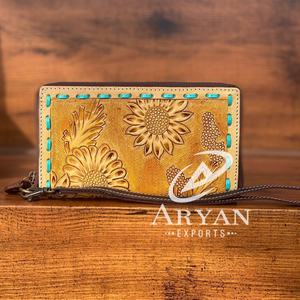 Portefeuille Western en cuir repoussé fait à la main vente chaude 100% portefeuille en cuir véritable Floral point à la main pochette personnalisée en peau de vache - Product Image 1