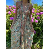 Gaun Maxi panjang kerah v Retro Harga Murah gaun kasual longgar tanpa punggung licin untuk wanita gaun Maxi pantai