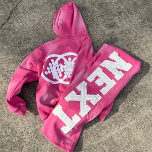 Heavyweight Tracksuits Thick Distressed Vintage Embroidery Patch Men Acid Wash <b>Zip</b> up Rhinestone <b>Hoodie</b> And Sweat Pant Set - Product Image 3