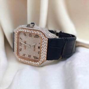 Luxe Moissanite Diamant Chiffre Romain Plein Glacé Cadran Or Rose Bleu Bracelet En Cuir Hommes Automatique Designer De Mode - Product Image 2