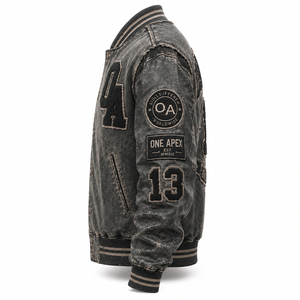 Custom Charcoal Acid Wash Hooded V-neck Distressed Letterman <b>Baseball</b> <b>Jacket</b> Vintage Wool Leather Winter OEM ODM - Product Image 4