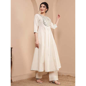 DEEBACO Mirror Embroidered Neck Patch Solid Cotton Long Anarkali Kurta Palazzo Co-ord <b>Set</b> Women's Stylish Front Slit Breathable - Product Image 5