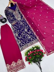 Palazzo élégant violet haut brodé paillettes faux tissu Bollywood Style Salwar Kameez pour Festival célébration fête indienne - Product Image 6