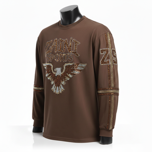 T-shirt à manches longues en coton de haute qualité, marron chocolat, avec strass en cristal, transfert thermique, logo personnalisé, pour hommes - Product Image 4
