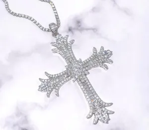 925 Sterling Silver 5.65Ct <b>Cross</b> Iced Out Vintage Style Rose Gold Plated Round Brilliant Cut Moissanite Women's Pendant Necklace - Product Image 2