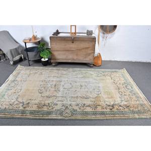 Alfombra turca vintage de 4,8x8,5 pies, forro de látex de lana verde Beige, estilo Tabriz, patrón de retazos abstracto para pasillo de entrada, 9x12" - Product Image 1