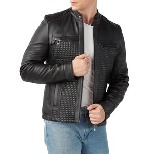 Veste d'hiver en cuir véritable et toile pour homme, couleur unie |   Imperméable, respirant, écologique |   Col roulé |   High Street - Product Image 5