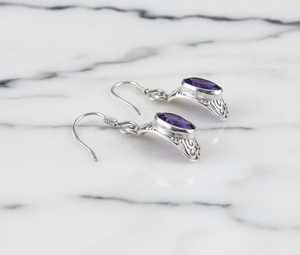 Deep Blue Sapphire Drop Earrings Sterling Silver Oval Dangle Earrings Scrollwork Detail September Birthstone Gift - Product Image 2