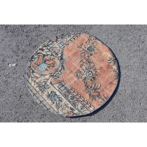 3.1x3.1 ft Rug, Vintage Turkish Rug, <b>Brown</b> Blue Animal Print <b>Wool</b> Rug - Product Image 2